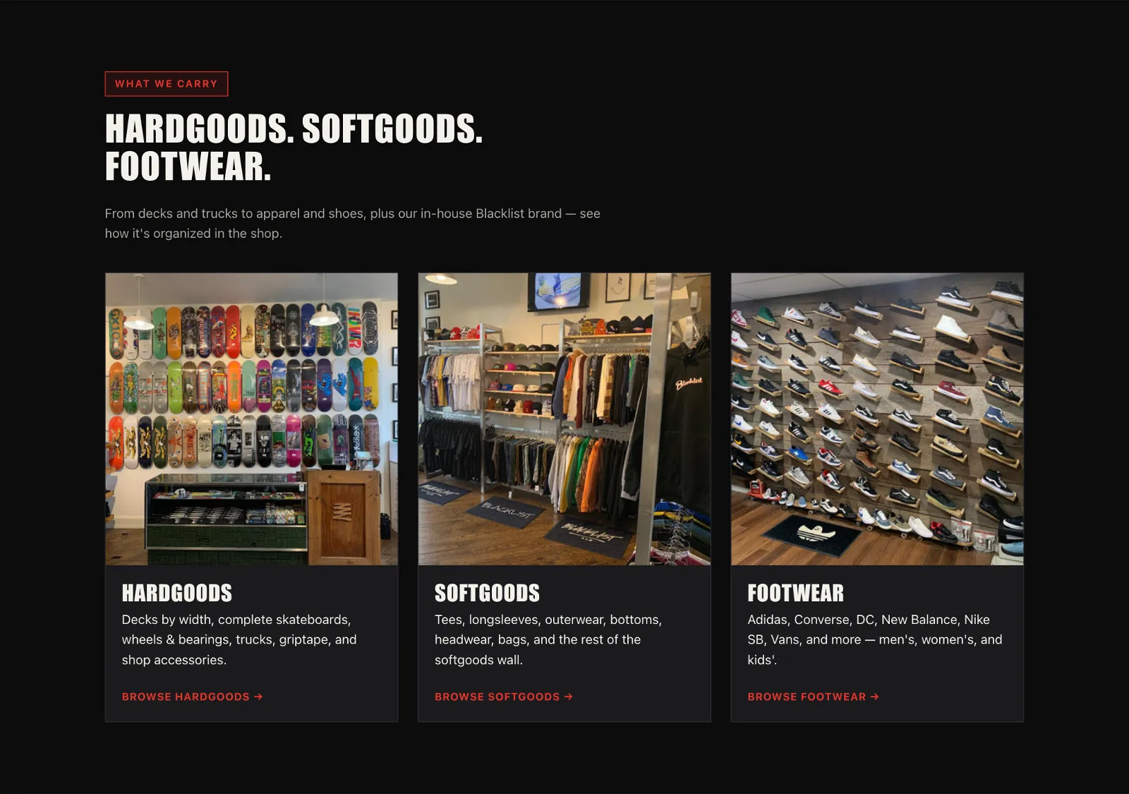 Blacklist Boardshop concept — product category cards