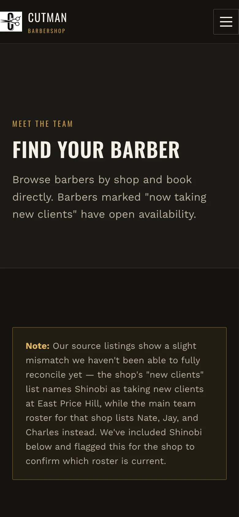 Cutman Barbershop concept — barbers on mobile