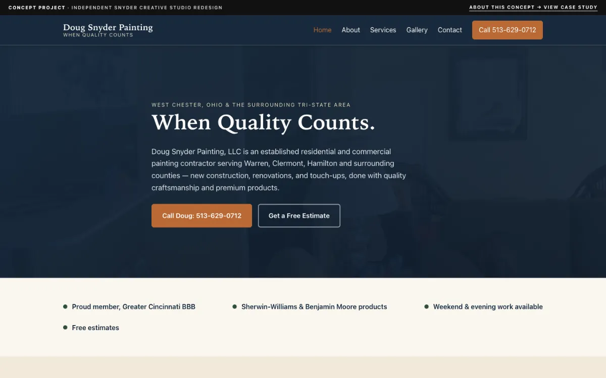 After: Snyder Creative Studio's redesign concept — navy and copper homepage with headline, service area, and Call and Free Estimate buttons up front