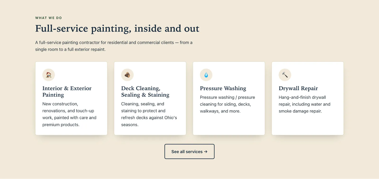 Doug Snyder Painting concept — service cards on the homepage